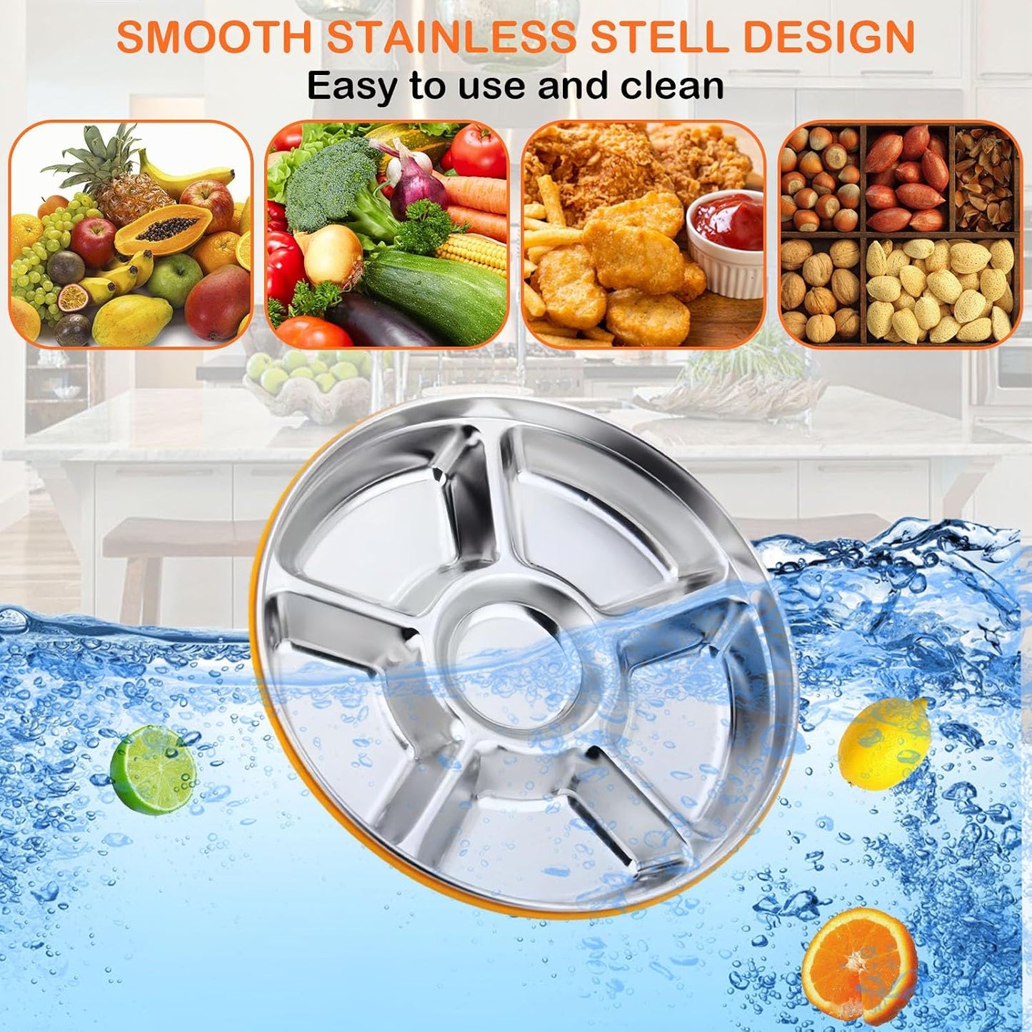 Divided Serving Tray with Lid, Veggie Tray with Lid Stainless Steel 6 Compartments Vegetable and 4 Forks Set for Party Platter, Vegetable Relish Fruit Tray, Snackle Box