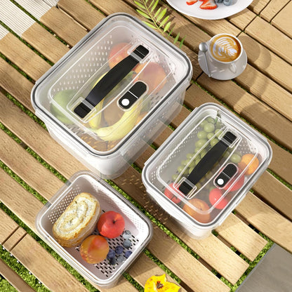 3Pack Fridge Food Storage Container Set with Lids with Strainer,Plastic Fresh Produce Saver Vegetable Fruit Meat Storage Organization, BPA-Free Plastic Produce Keepers(3.15L+1.7L+0.8L)