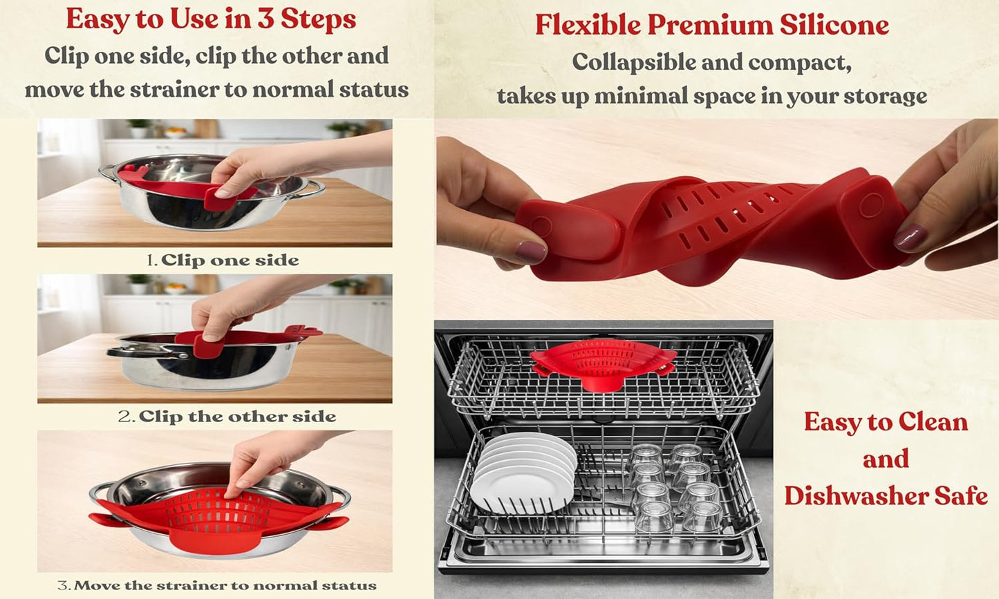 Clip On Strainer Silicone for Pots and Pans, Universal Fit Pasta Strainer and Pot Colander, Space Saving Food Drainer with Collapsible Funnel and Garlic Peeler, 3 Pcs Set, Gray