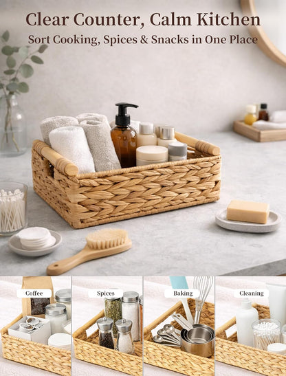 Water Hyacinth Wicker Basket, 13.39*9.45*4.65 Inch Woven Basket with Handles, Wooden Handles Wicker Storage Basket, Rattan Basket for Decorative Baskets, Pantry, Shelves, Gift, Toys - Medium