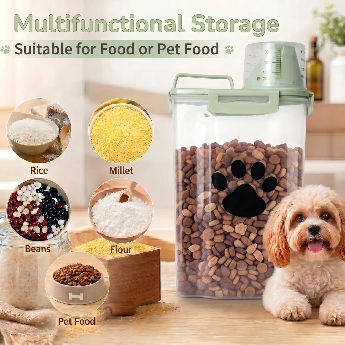 Dog Storage Container with cleaning brush,Measuring Cup,Portable Pet Food Containers with Upgraded Large Spout and Cup for Dogs,Cats,Birds,Small Animals(White)