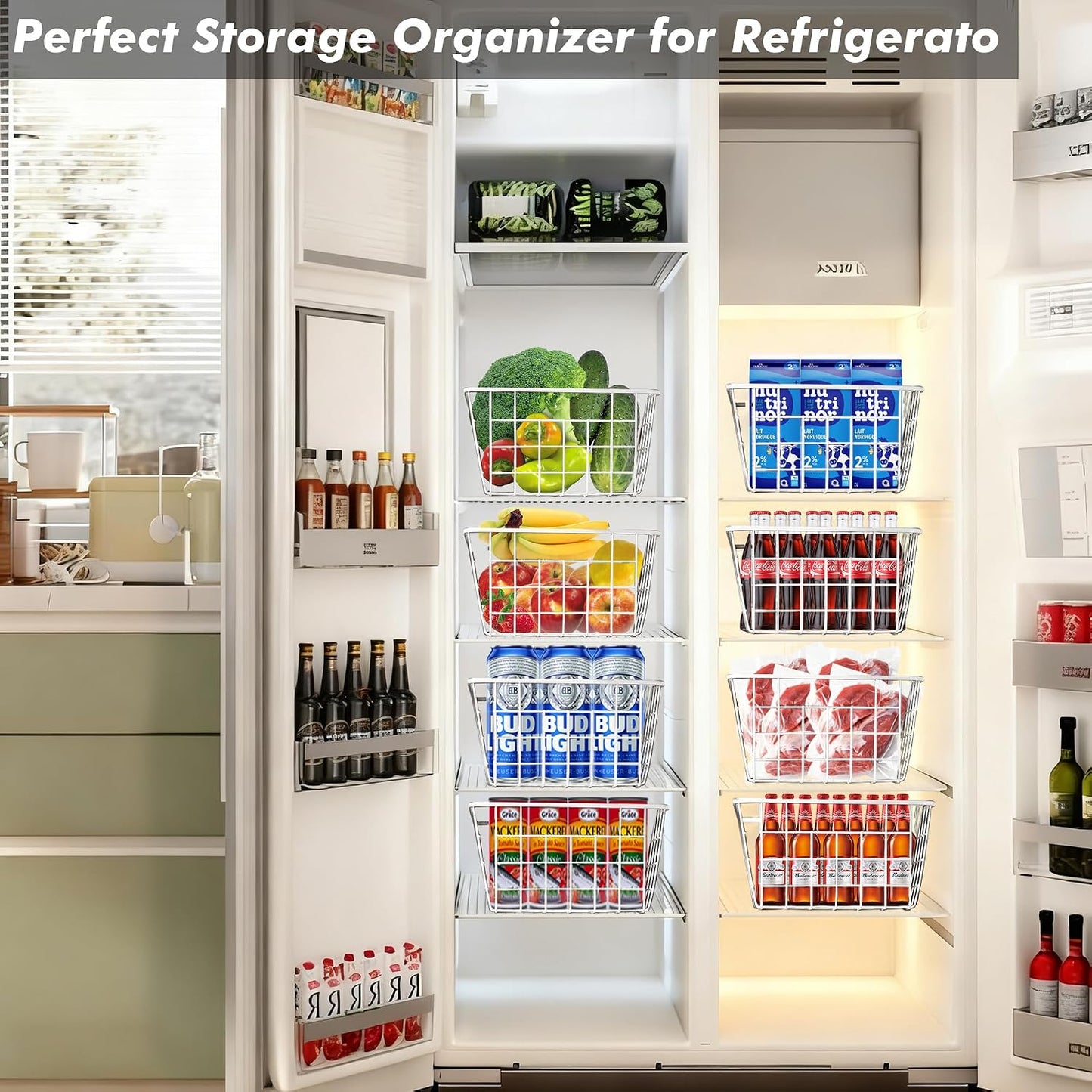White Wire Storage Baskets,11.1"x8.7"x4.7"Wire Freezer Storage Organizer Bins Farmhouse Metal Freezer Basket with Handles for Cabinets, Pantry, Closets, Bedrooms,White,4 Pack