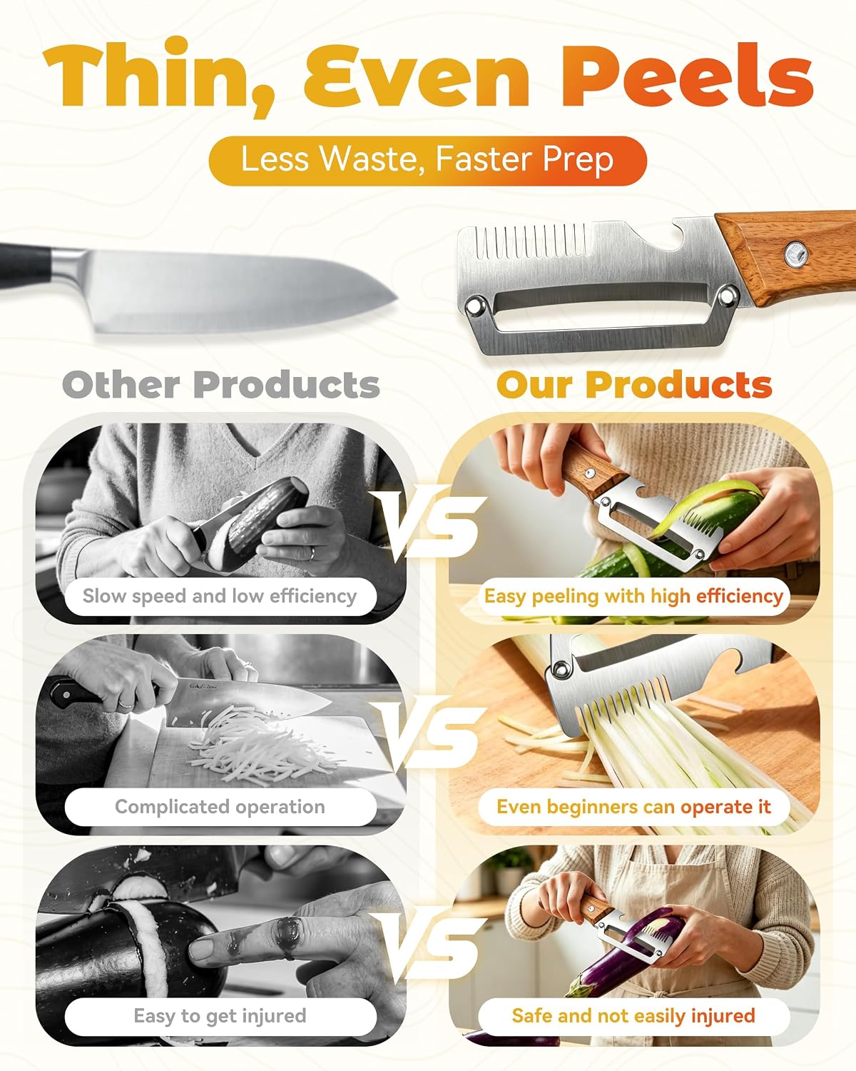 Shredder - 3-in-1 Multifunctional Vegetable Peeler with Bottle Opener & Julienne Shredder, Wide Stainless Steel Blade and Non-slip Wooden Handle, Peeler Knife for Fruits, Vegetables (1pcs)