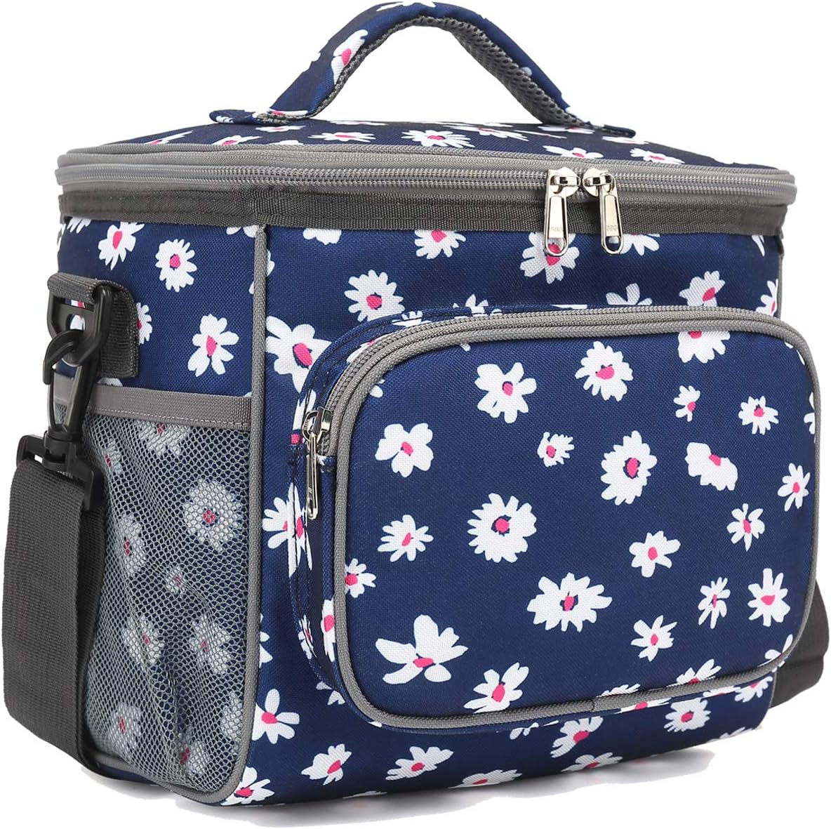 FlowFly Insulated Reusable Lunch Bag Adult Large Lunch Box for Women and Men with Adjustable Shoulder Strap,Front Zipper Pocket and Dual Large Mesh Side Pockets,Cherry - Colors B