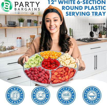 PARTY BARGAINS 12" Round Plastic Serving Tray, 6-Sections, Clear, Pack of 1