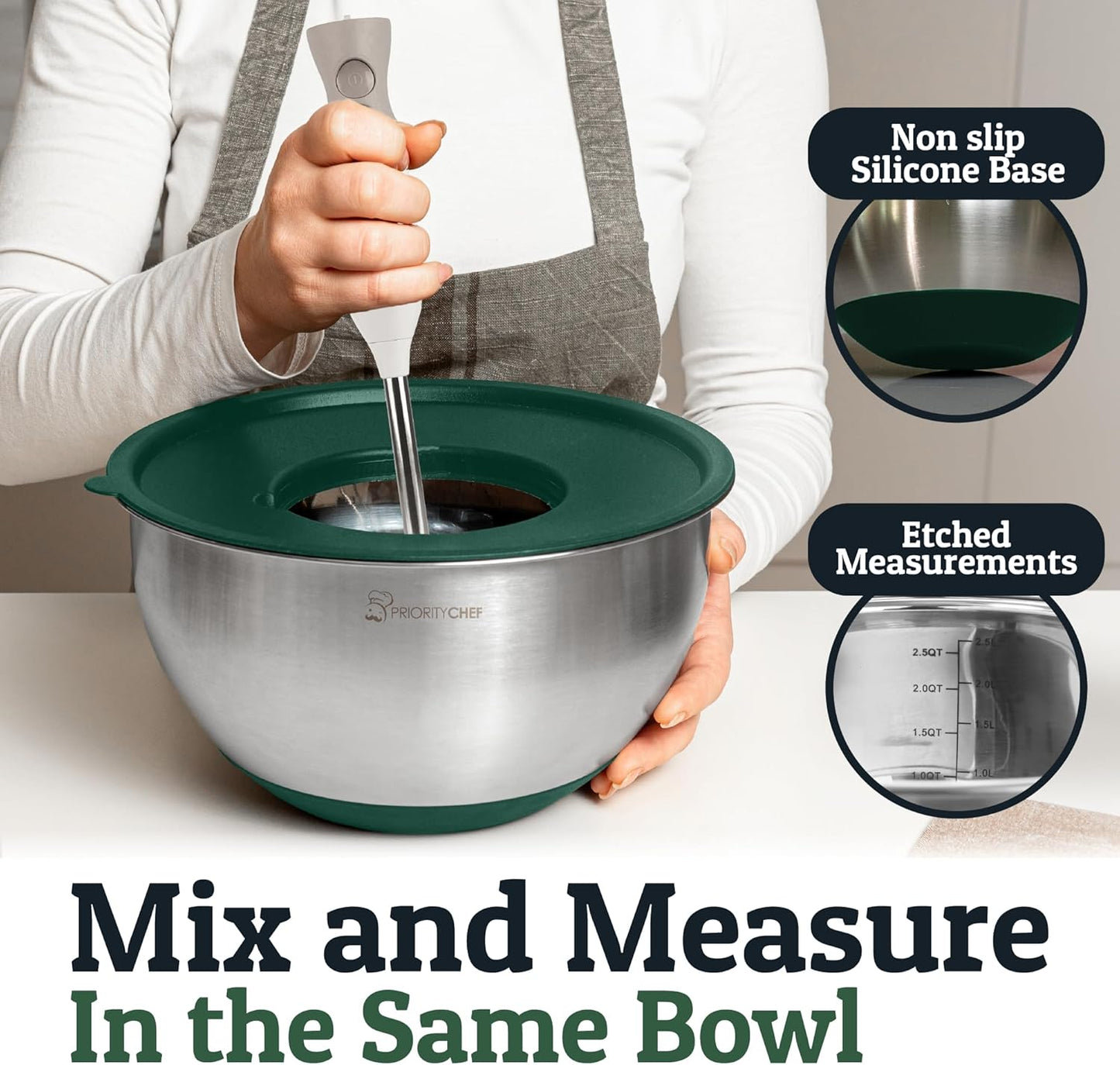 Priority Chef Stainless Steel Mixing Bowls with Lids Set, 3 Grater Attachments, Airtight Lids, Non-Slip Silicone Base Mixing Bowl Set, Large Prep Metal Mixing Bowls for Kitchen, Black