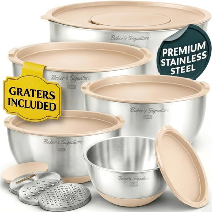 Baker's Signature Stainless Steel Mixing Bowls with Lids Set, 5 Sizes, 3 Graters, Non-Slip Base, Airtight Lids, Metal Mixing Bowls for Kitchen, Food Prep, Storage, 0.63QT-5QT, Black