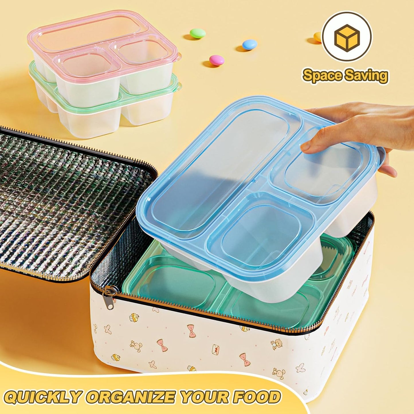 6 Pcs Snack Box Container Set, Reusable 3&4 Compartment Meal Prep Snack Containers for Adults Kids Toddler, BPA-Free Divided Lunchable Container for School, Work and Travel (Transparent Lids)