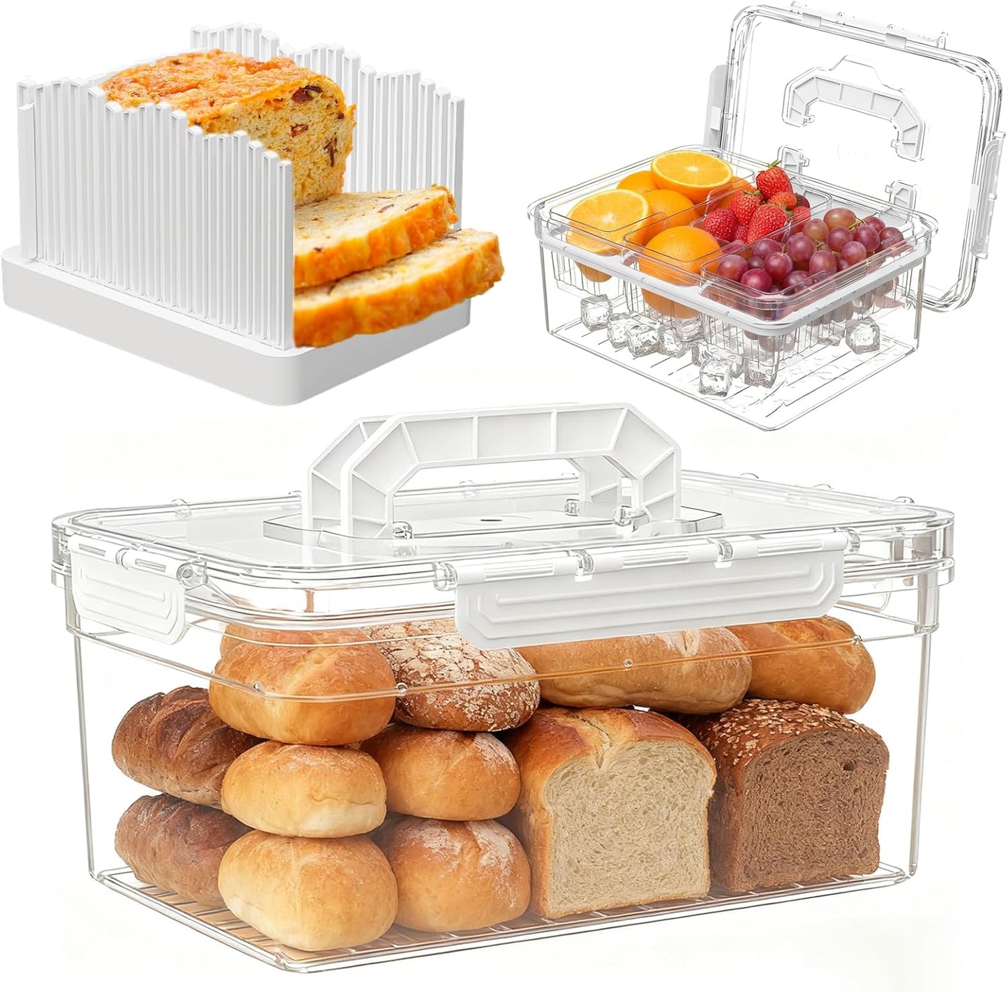Sorgion Ice Chilled Condiment Caddy with Portable Handle, 5 Compartment Serving Tray with Built-in Bread Slicer and Ice Chamber, Clear Garnish Tray for Bar, Taco Party, BBQ, Picnic & Fruit Pink