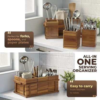 Acacia Silverware Caddy for Parties, Utensil Caddy with Paper Plate Dispenser, 4-Compartment Cutlery Flatware Organizer for Spoons, Forks, Napkins - Natural Wood Finish