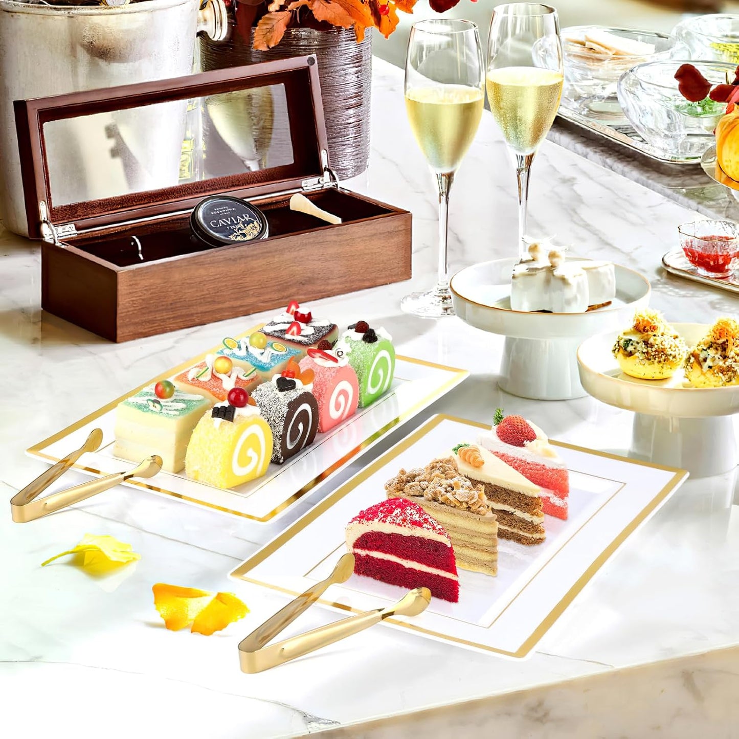 20 Sets Plastic Serving Tray,White & Gold Rim Food Trays with Stainless Serve Tongs,Versatile Serving Trays for Party, Serving Platter for Party, Food, Fruit, Dessert, Tea Party, Wedding