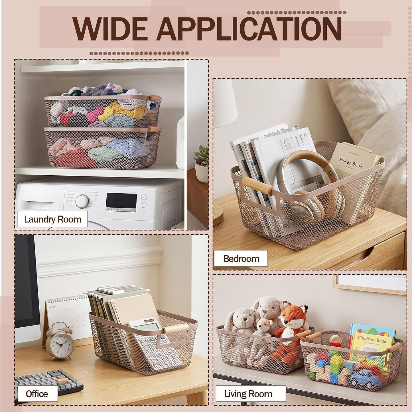 Mumufy 3 Pcs Metal Mesh Basket with Wooden Handles Wire Steel Organizer Bins Pantry Organizers Kitchen Baskets for Closet Cabinet Bathroom Fridge Food Snacks Organization (Warm Tapue,3 Sizes)
