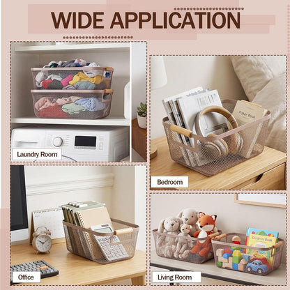 Mumufy 3 Pcs Metal Mesh Basket with Wooden Handles Wire Steel Organizer Bins Pantry Organizers Kitchen Baskets for Closet Cabinet Bathroom Fridge Food Snacks Organization (Warm Tapue,3 Sizes)