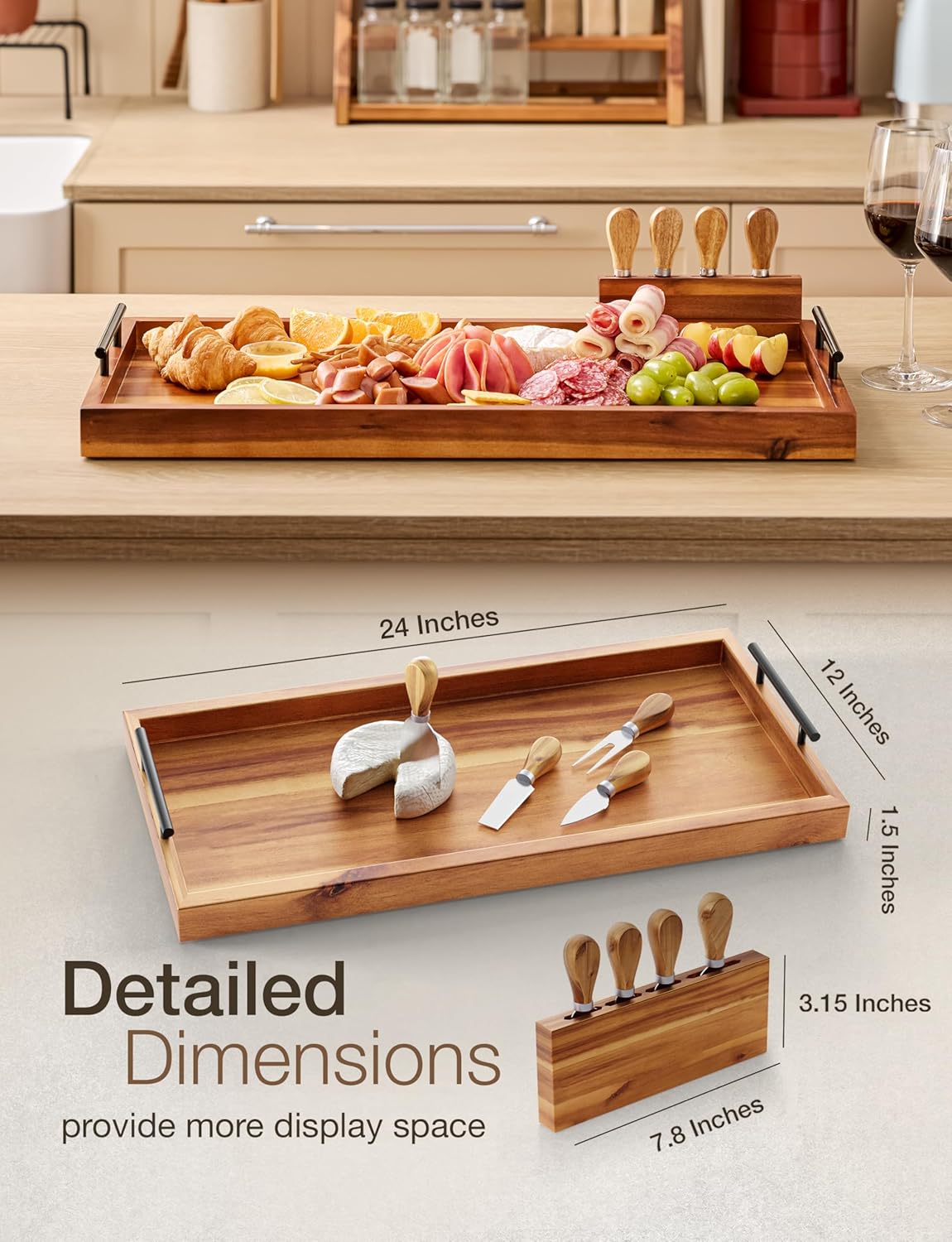 TIDITA Acacia Large Charcuterie Boards for Party with Cheese Knife Set of 4 – Acacia Wood Serving Tray with Handles, Long Charcuterie Board, Wooden Cheese Board (Walnut Color, 30 Inch)