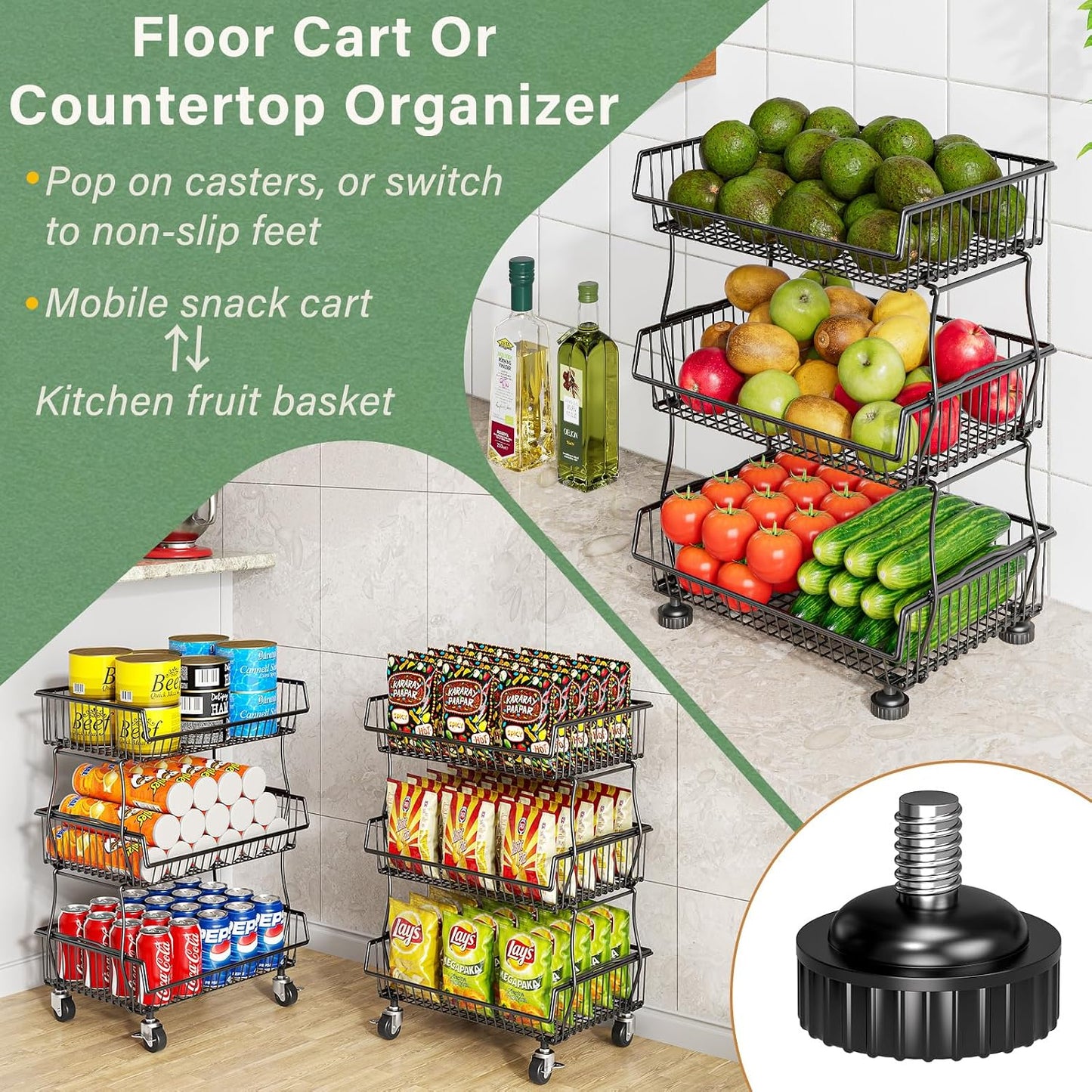 OKZEST 3-Tier Rolling Pantry Floor Organizer and Storage Cart with Wheels, Stackable Wire Pantry Baskets for Pantry Shelves, Kitchen Storage Rack and Fruit Basket Stand for Fruit Snack Onion Potato