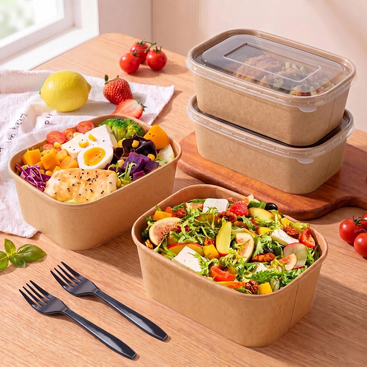50 Pack 29oz Disposable Meal Prep Containers with Lids and Forks, Microwave and Freezer Safe Kraft Paper Bowls for Salad Noodles, Take Out Containers for Hot/Cold Food