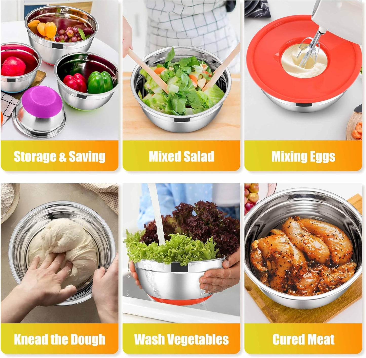 E-far Stainless Steel Mixing Bowls with Lids Set, 5-Piece Nesting Salad Bowls with 3 Grater Attachments and Non-Slip Bottoms, Size 4.6, 2.6, 2, 1.5, 1QT for Kitchen (Khaki)