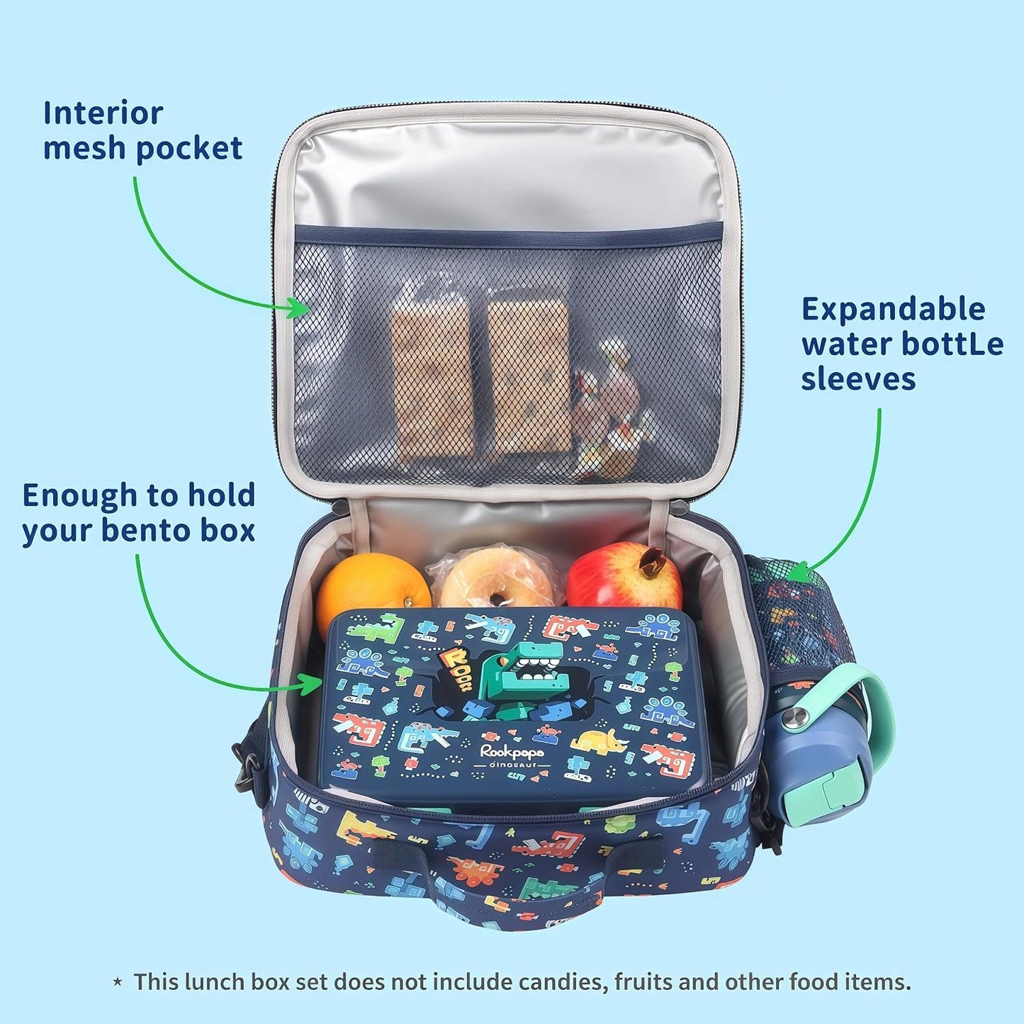rockpapa Kids Lunch Box Set with 14oz Insulated Water Bottle & Lunch Bag, Leakproof 5.5 Cups Bento Box for School & Children, BPA-Free, Microwave Safe for Boys Girls (Grey Constr Turcks)