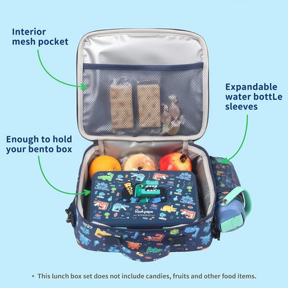 rockpapa Kids Lunch Box Set with 14oz Insulated Water Bottle & Lunch Bag, Leakproof 5.5 Cups Bento Box for School & Children, BPA-Free, Microwave Safe for Boys Girls (Grey Constr Turcks)