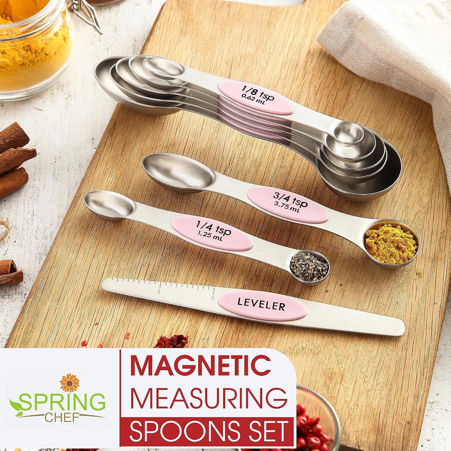Spring Chef Stainless Steel Magnetic Measuring Spoons Set with Strong N45 Magnets, Heavy Duty Metal Kitchen Gadgets for Baking & Cooking, Fits in Most Kitchen Spice Jars, Set of 8 with Leveler, Black