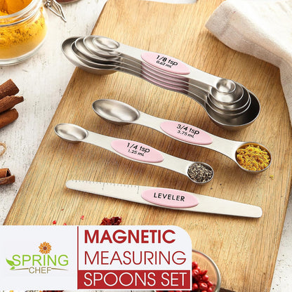Spring Chef Stainless Steel Magnetic Measuring Spoons Set with Strong N45 Magnets, Heavy Duty Metal Kitchen Gadgets for Baking & Cooking, Fits in Most Kitchen Spice Jars, Set of 8 with Leveler, Black