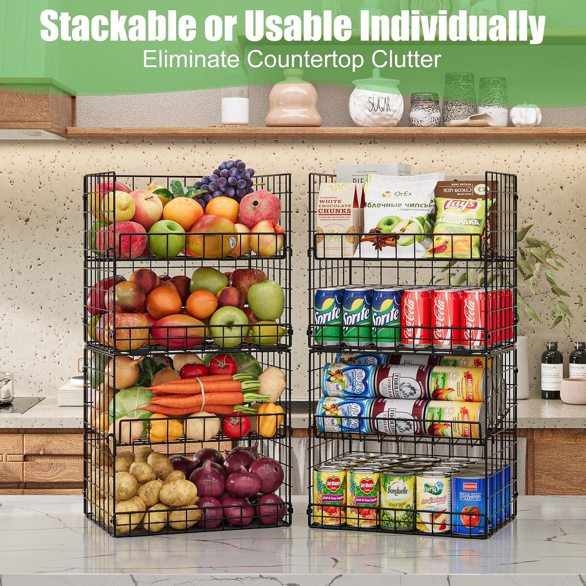 JKsmart 8-Tier Stackable Wire Basket, Can Organizer for Pantry Kitchen, XXL Metal Storage Shelves with Dividers & Handles, Easy Assembly Space Saving Storage Bins for Snacks Fruits Veggies