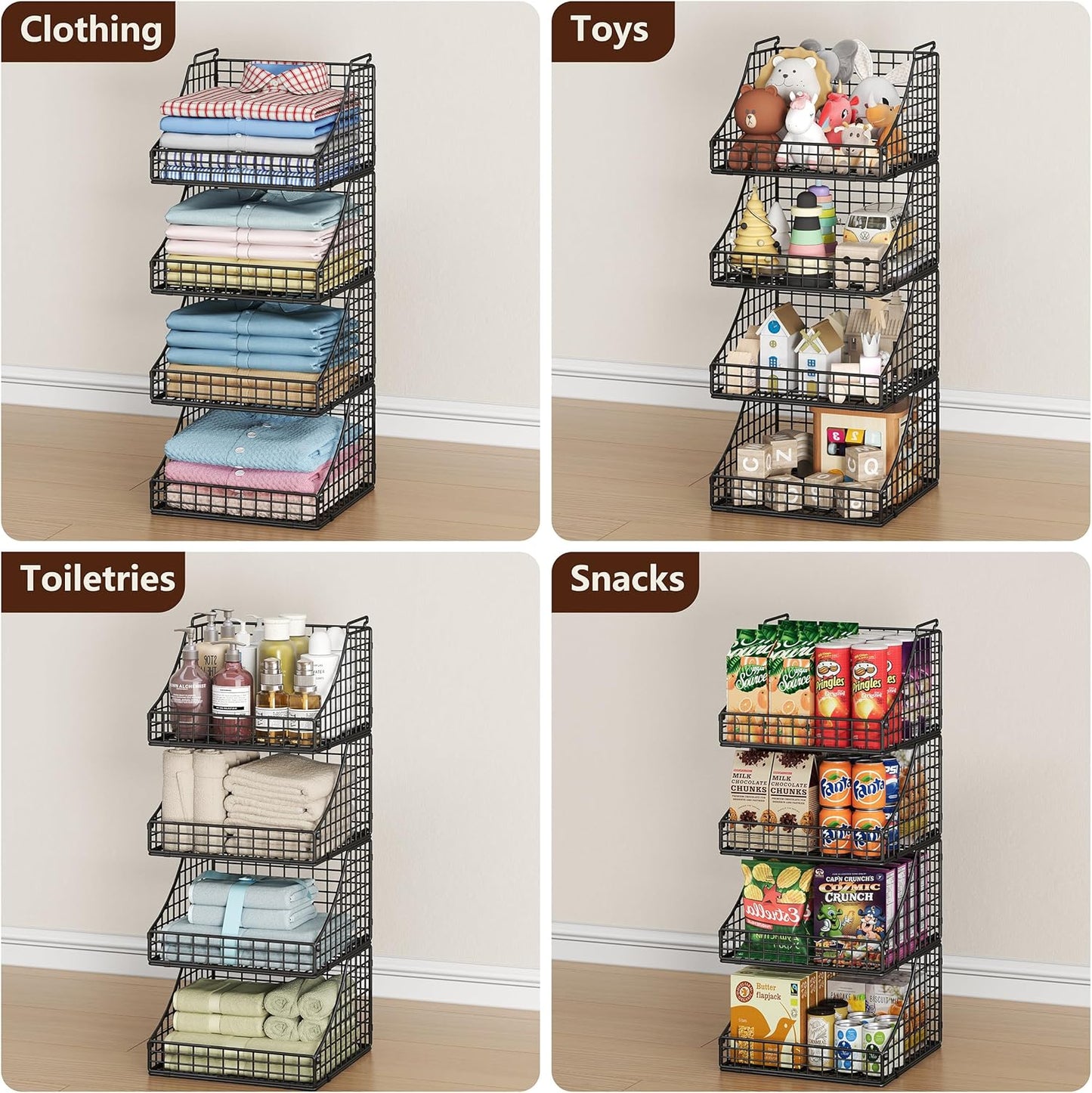 Lyuwanxian 4-Pack Stackable Wire Baskets for Closet Organizers and Storage, Open Storage Bins for Clothes, Toys, and Snacks - Rustic Metal Closet Organizer and Shelves in Black