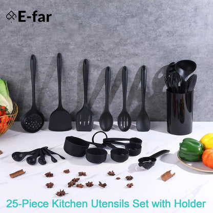 E-far Silicone Cooking Spoon Set of 2, Heat Resistant Kitchen Spoons Utensils Nonstick Mixing Spoon for Baking Stirring Serving, Non-Toxic & Dishwasher Safe (Black)