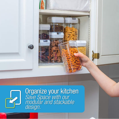 Set of 7 Airtight Food Storage Containers - Pantry Organizer Bins, BPA Free Plastic Containers plus Dry Erase Marker and Labels, White