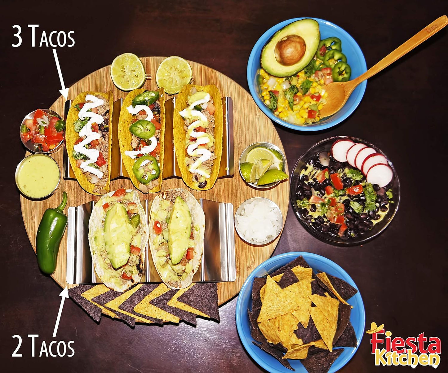 Taco Holder Stand - Set of 4 - Oven & Grill Safe Stainless Steel Taco Racks With Handles - Fill & Serve Tacos With Ease - Taco Trays by Fiesta Kitchen