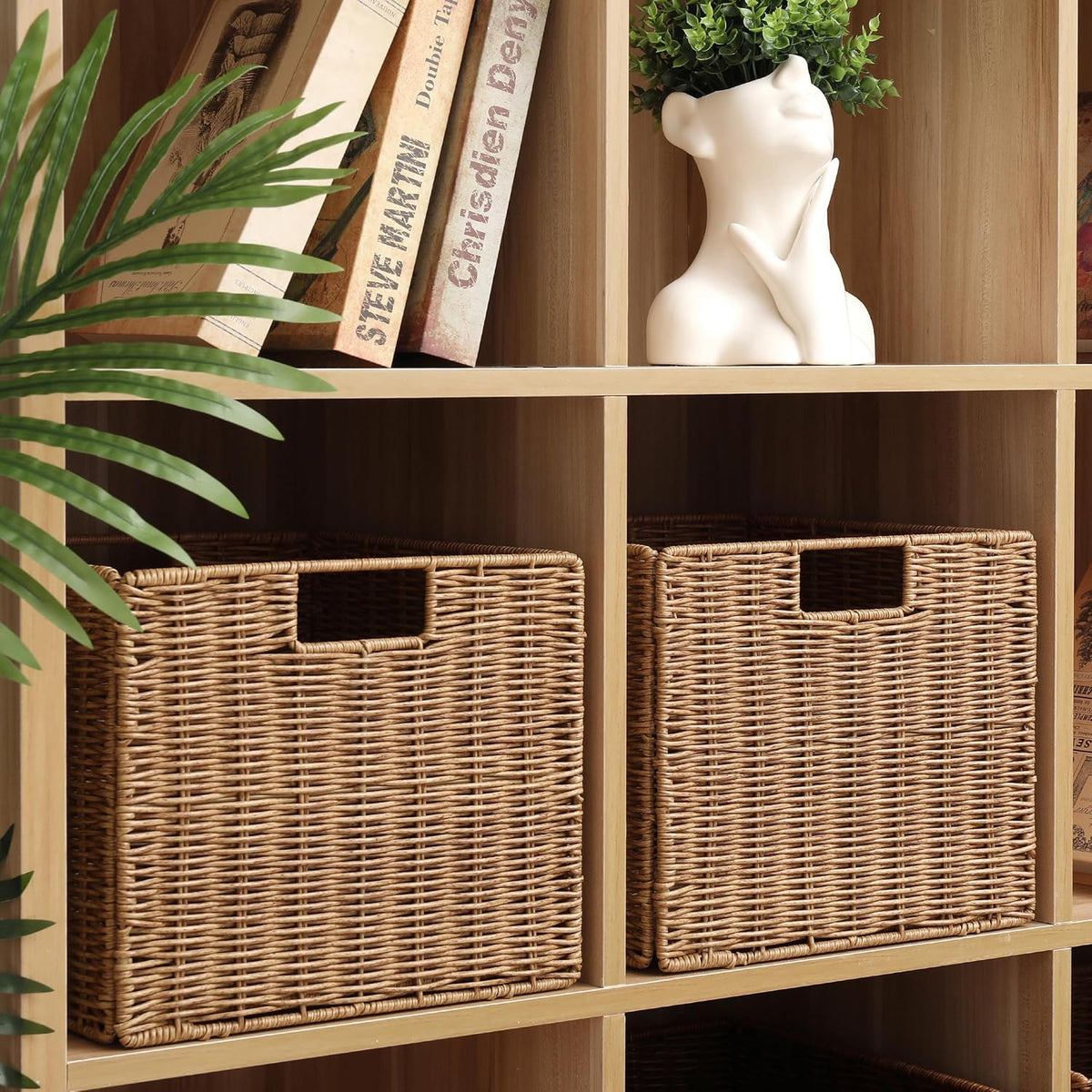 12x12x10in Water Hyacinth Storage Basket Large, Folding Cube Woven Wicker Storage Basket for Shelves, Pantry Baskets Organization and Storage, Kitchen Storage Baskets, Large Rattan Basket Set of 3