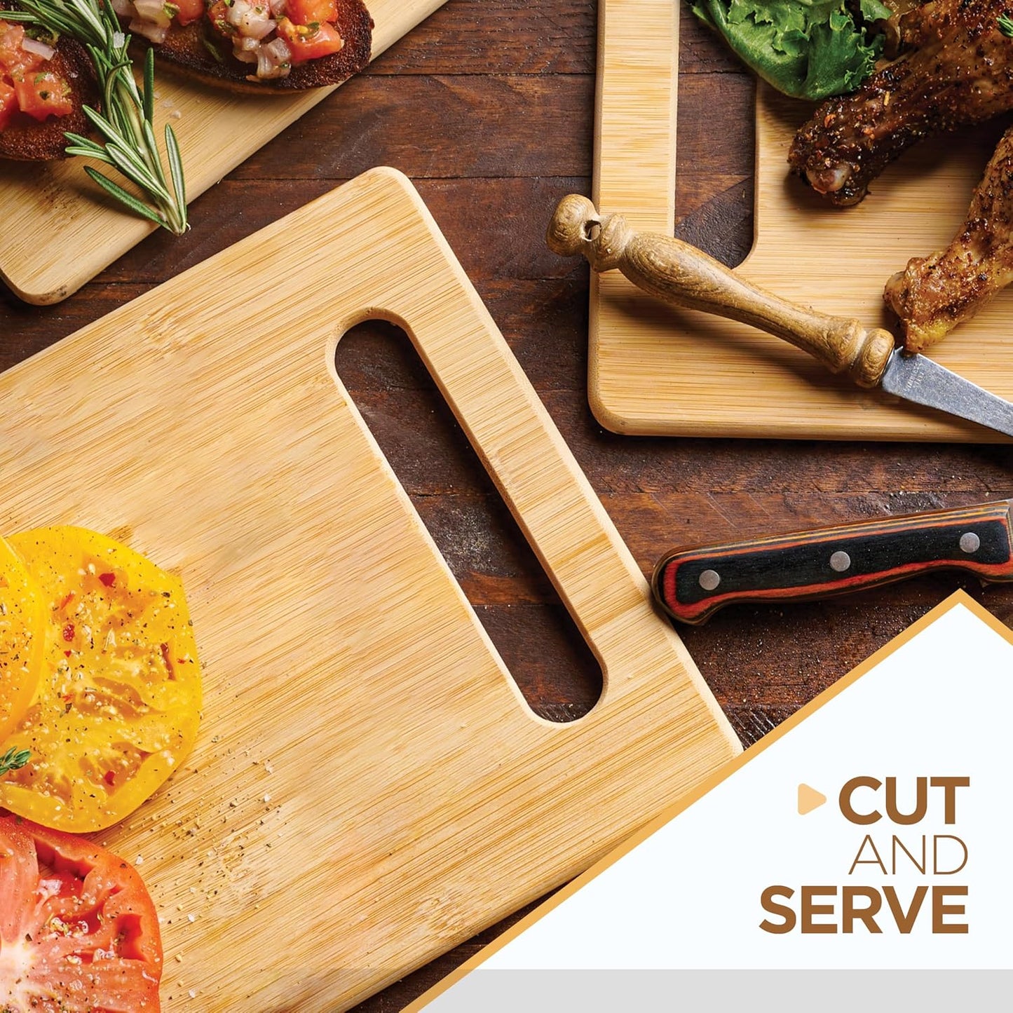 Bamboo Cutting Board Set for Kitchen - 3 Piece Reversible Wooden Cutting Boards, Wood Chopping Boards for Meat, Bread, Fruit, Cheese, Meal Prep, Wood Board and Charcuterie Serving Boards by Bambusi