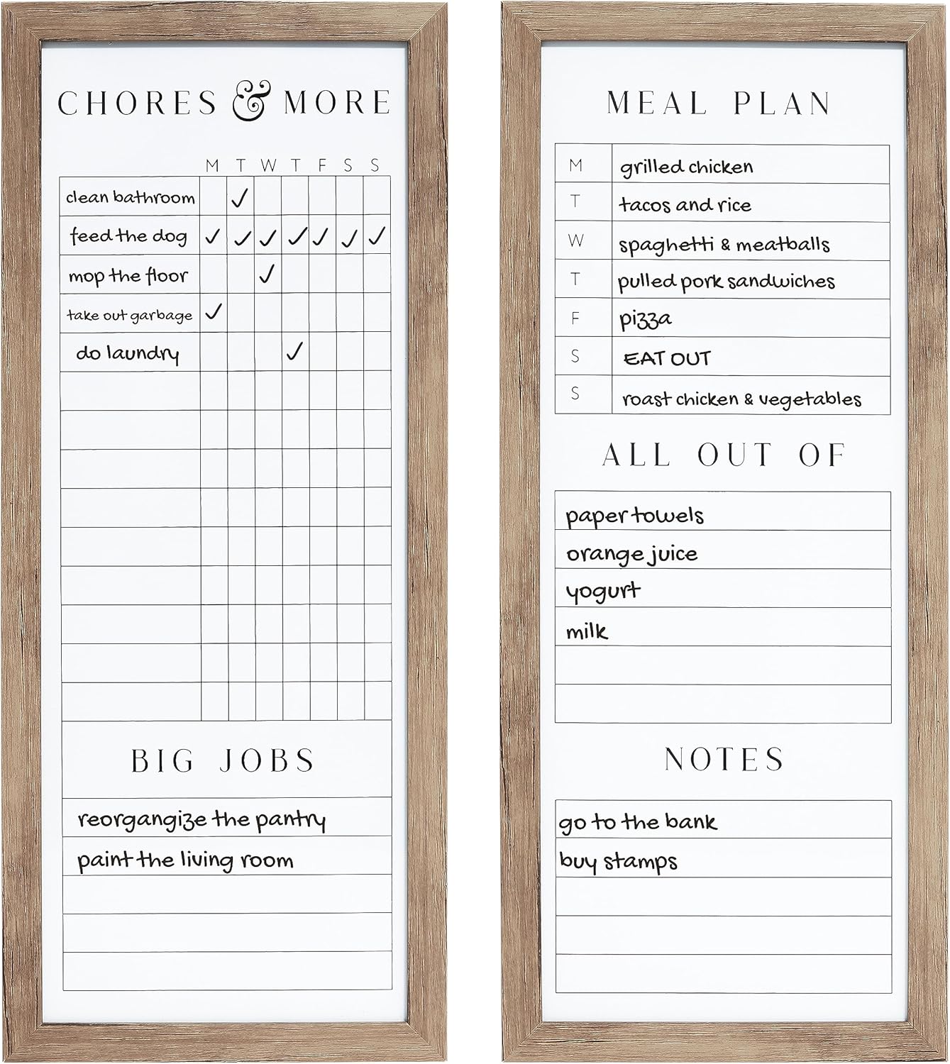 Sheffield Home Set of Two Family Planner Dry Erase Boards Featuring, Chore Chart, Shopping List, Weekly Meal Planner and Notes, 9x21 Inch, Natural