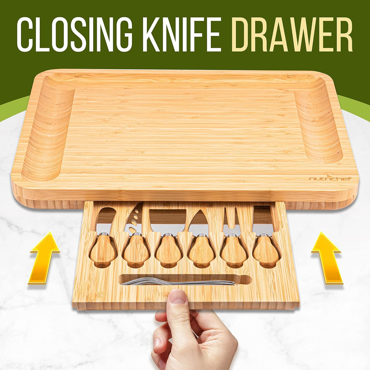 NutriChef Bamboo Natural Cheese Board Set with Bonus Condiment Cup-Extra Large Size 100% Home Organic Wooden Plate and Charcuterie Tray with 4 pcs Cutting Knife Slicer, 13" Round
