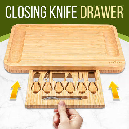 NutriChef Bamboo Natural Cheese Board Set with Bonus Condiment Cup-Extra Large Size 100% Home Organic Wooden Plate and Charcuterie Tray with 4 pcs Cutting Knife Slicer, 13" Round