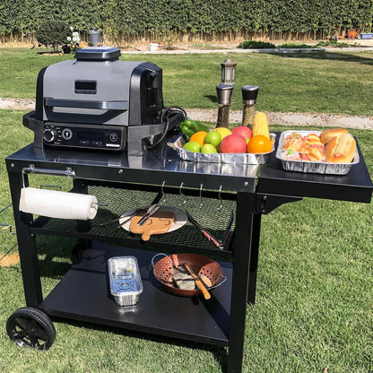 Upgraded Pizza Oven Cart Table for Ooni Koda/Karu/Fyra 16 & 12, Movable Thicken & Widen Rolling Kitchen Cart, Outdoor Grill Stand for Ninja Woodfire,Blackstone Griddle,Barbecue Tool Set
