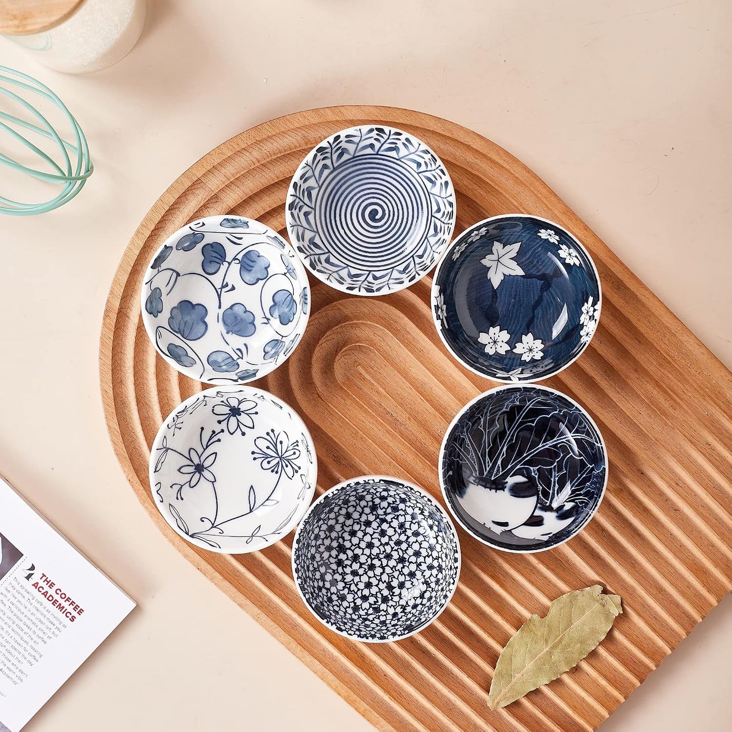 Japanese Style Ceramic Dipping Bowls,3'' Small Pinch Bowls Set Side Sauce Cups,Dishes for Sushi,Snack and Soy,BBQ,2.5 Oz Blue and White Mini Bowl for Kitchen Prep - Set of 6 (3 inch)