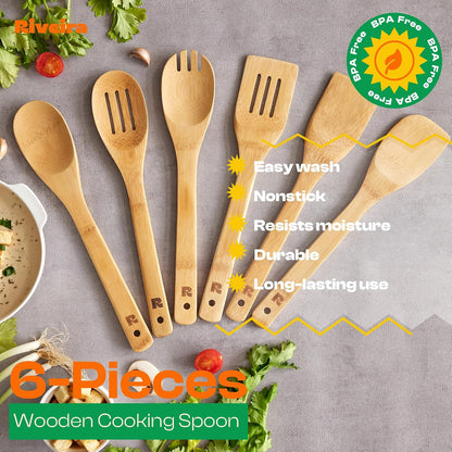 Riveira Dark Bamboo Wooden Spoons for Cooking 6-Piece, Apartment Essentials Wood Spatula Spoon Nonstick Kitchen Utensil Set Premium Quality Housewarming Gifts for Everyday Use