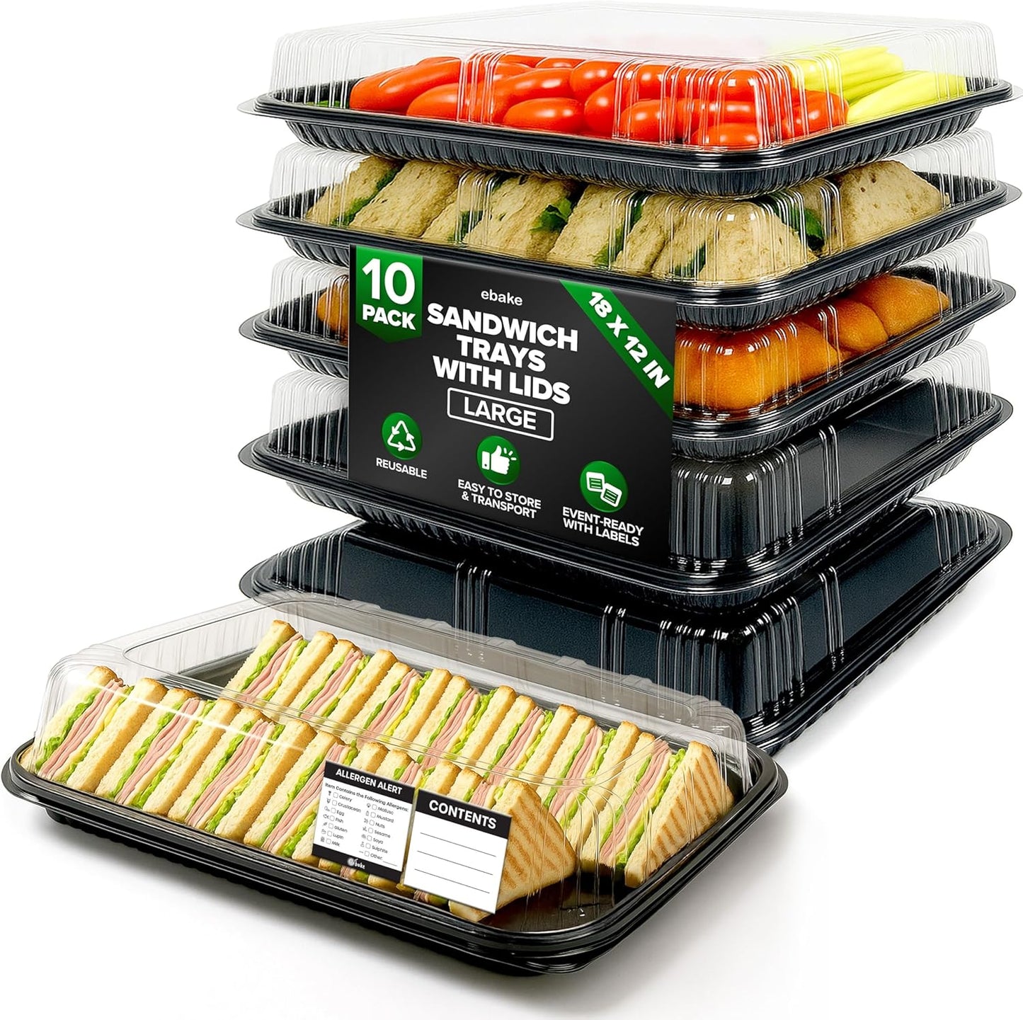 6 Pack Catering Trays with Lids – 13" Serving Tray with Lid, Heavy Duty Recyclable Plastic Party Platters for Catering, Buffet, Picnics & Events – Food Trays with Clear Lid (13.39 × 9.84 × 2.95 inch)