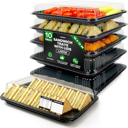 6 Pack Catering Trays with Lids – 13" Serving Tray with Lid, Heavy Duty Recyclable Plastic Party Platters for Catering, Buffet, Picnics & Events – Food Trays with Clear Lid (13.39 × 9.84 × 2.95 inch)
