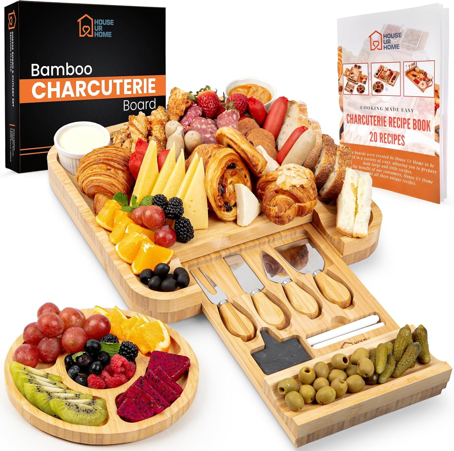 Large Bamboo Charcuterie Board Set with Hidden Drawer Storage | Cheese Board with Knives & Bowls | Perfect Housewarming, Bridal Shower