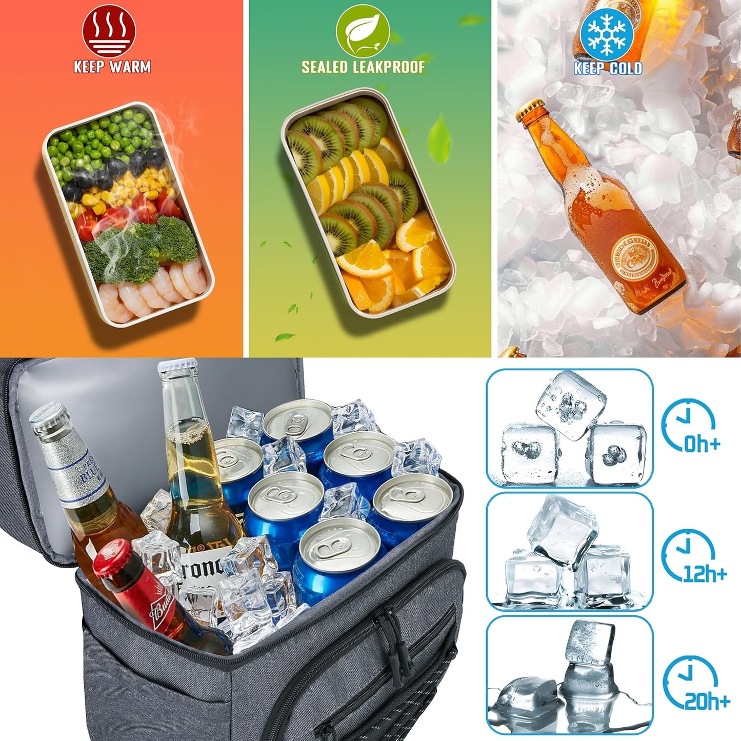 MOZETO Lunch Cooler Backpack Double Deck Lunch Box Backpack Insulated Leakproof Compartments Coolers Bag for Beach Travel Picnic Lunch Hiking BBQ Camping