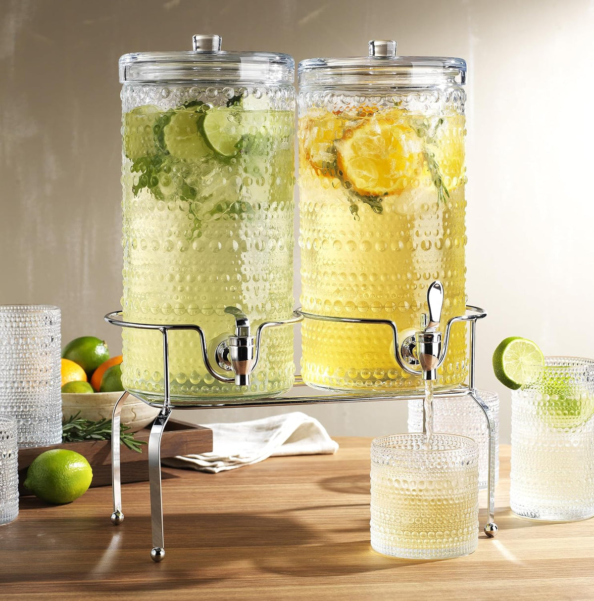 2 Gallon Glass Drink Dispenser, hobnail Drink Dispensers for Parties, Beverage Dispenser with Stand and Glass Lid, 100% Leakproof Spigot, Ideal for Lemonade, Juice,