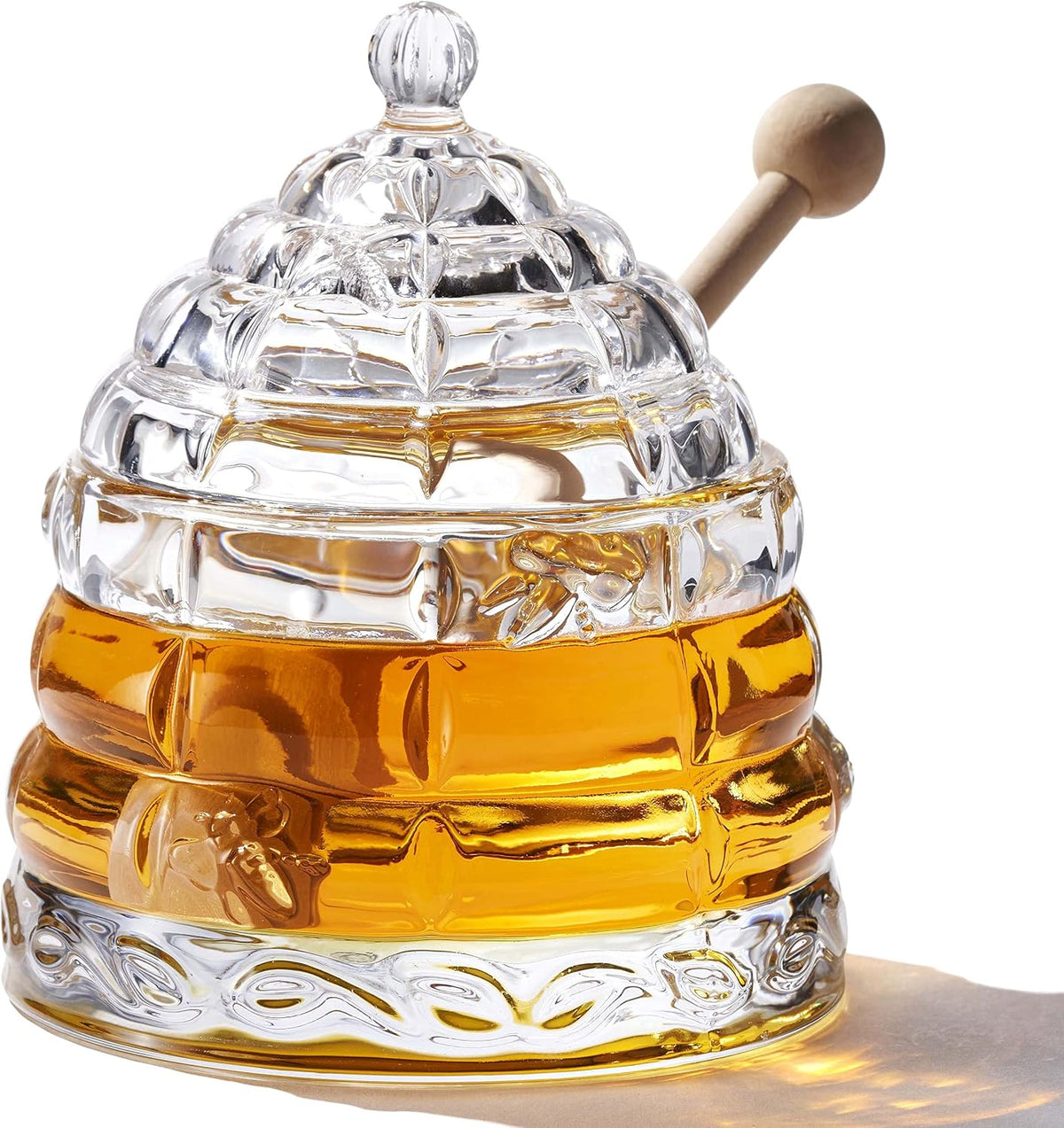 PAULSWAY 9 oz Beehive Crystal Honey Pot with 2 Dipper Sticks - Elegant Glass Honey Jar with Lid, No Drip Honey Dispenser & Syrup Container for Home Kitchen Decor