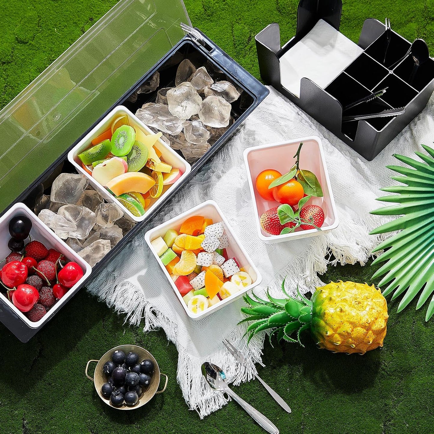 Tessco for you Garnish Tray with Lid Bar Caddy Ice Cooled Condiment Serving Container with Ice Scoop Metal Mini Serving Tongs Fruit Fork Spoons for Food Home Party Kitchen(Plastic,6 Grids)