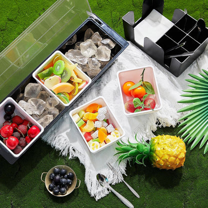 Tessco for you Garnish Tray with Lid Bar Caddy Ice Cooled Condiment Serving Container with Ice Scoop Metal Mini Serving Tongs Fruit Fork Spoons for Food Home Party Kitchen(Plastic,6 Grids)
