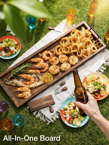 TIDITA Acacia Large Charcuterie Boards for Party with Cheese Knife Set of 4 – Acacia Wood Serving Tray with Handles, Long Charcuterie Board, Wooden Cheese Board (Walnut Color, 30 Inch)