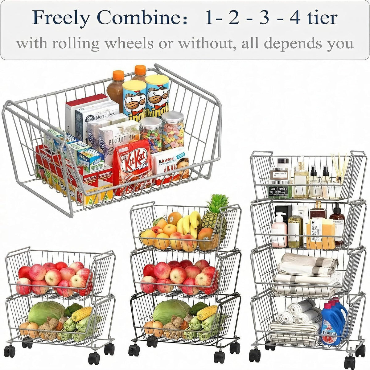 PUSDON 4-Tier Spacious Stackable Wire Storage Baskets with Wheels, Metal Rolling Utility Cart Organizer, Fruit and Vegetable Produce Basket for Kitchen Pantry, Everyday Bathroom Shelf, Silver Grey