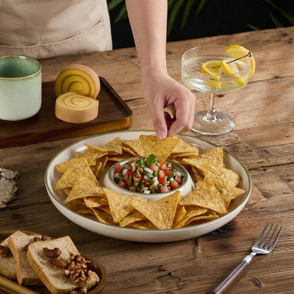 Ceramic Chip & Dip Tray Set: Large 11.5" Serving Platter for Chips & Salsa, Veggies & Dip, Fruits, Snacks, Appetizers Bowl, Entertaining, and Parties
