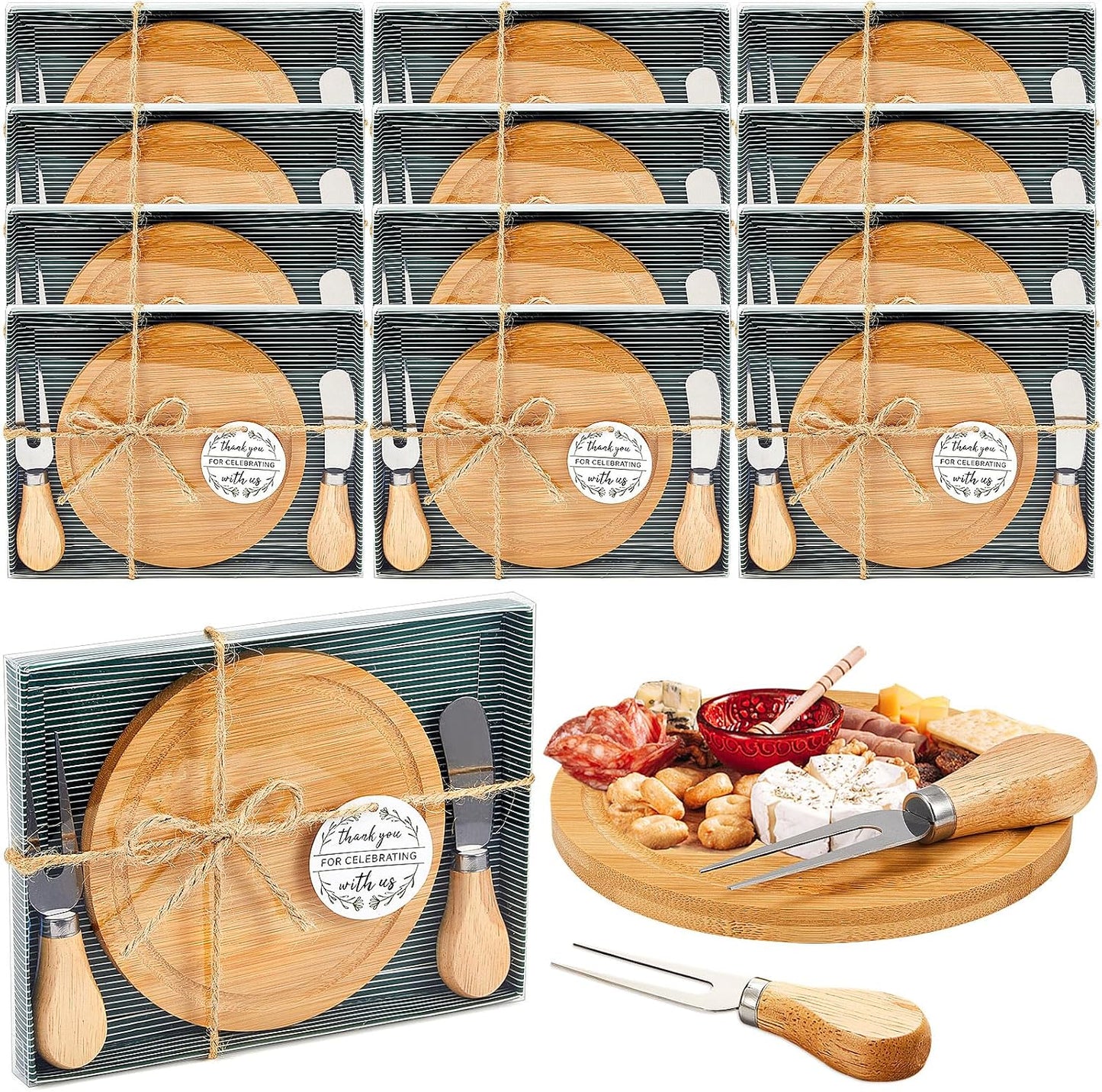 Maxcheck 6 Sets Baby Shower Bridal Game Prizes for Winners Round Cheese Board Set Wood Mini Charcuterie Board with Knives and Forks Thank You Card with Gift Box for Guests Wedding (Bamboo)
